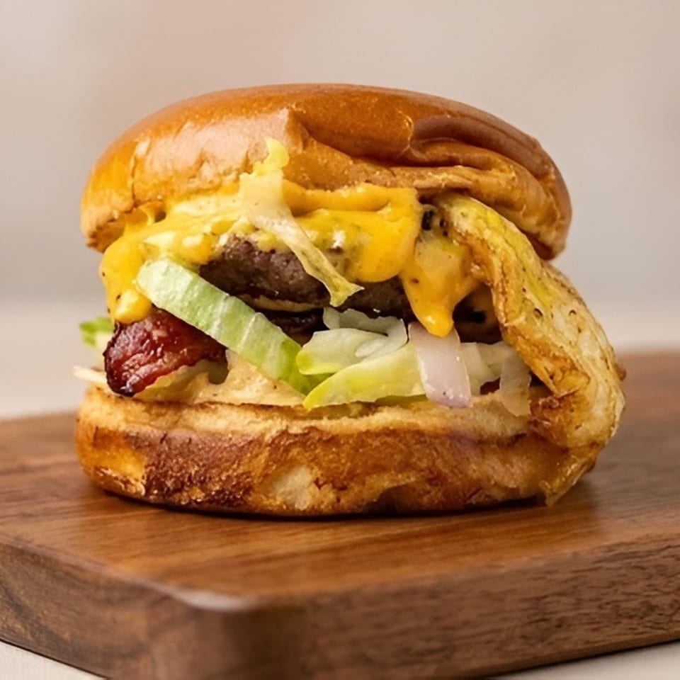 Loaded cheeseburger with bacon, lettuce, onion, and melted cheese on a wooden serving board.