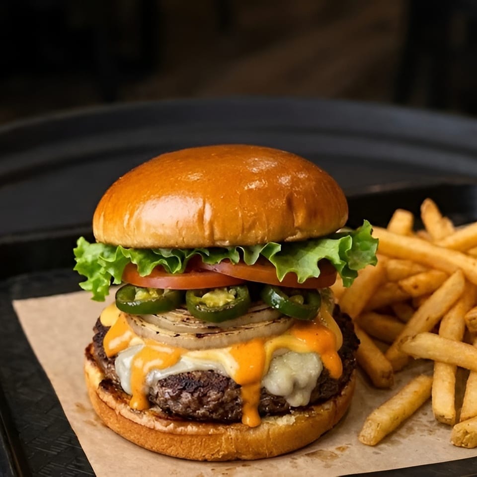 Juicy cheeseburger topped with lettuce, tomato, jalapeños, grilled onions, and sauce, served with golden fries on a tray.