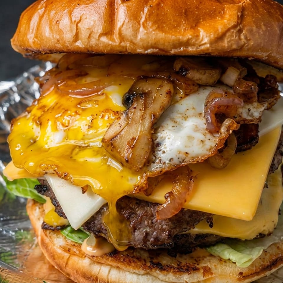 Loaded cheeseburger with beef patties, melted cheese, fried egg, mushrooms, onions, lettuce, and sauce on foil.