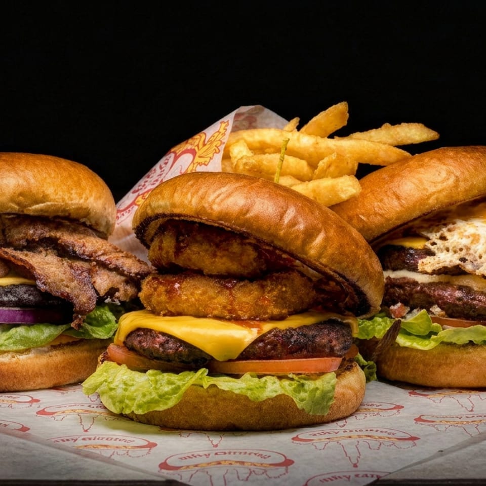 Three loaded burgers with beef patties, bacon, cheese, lettuce, and tomato sit beside a serving of fries.