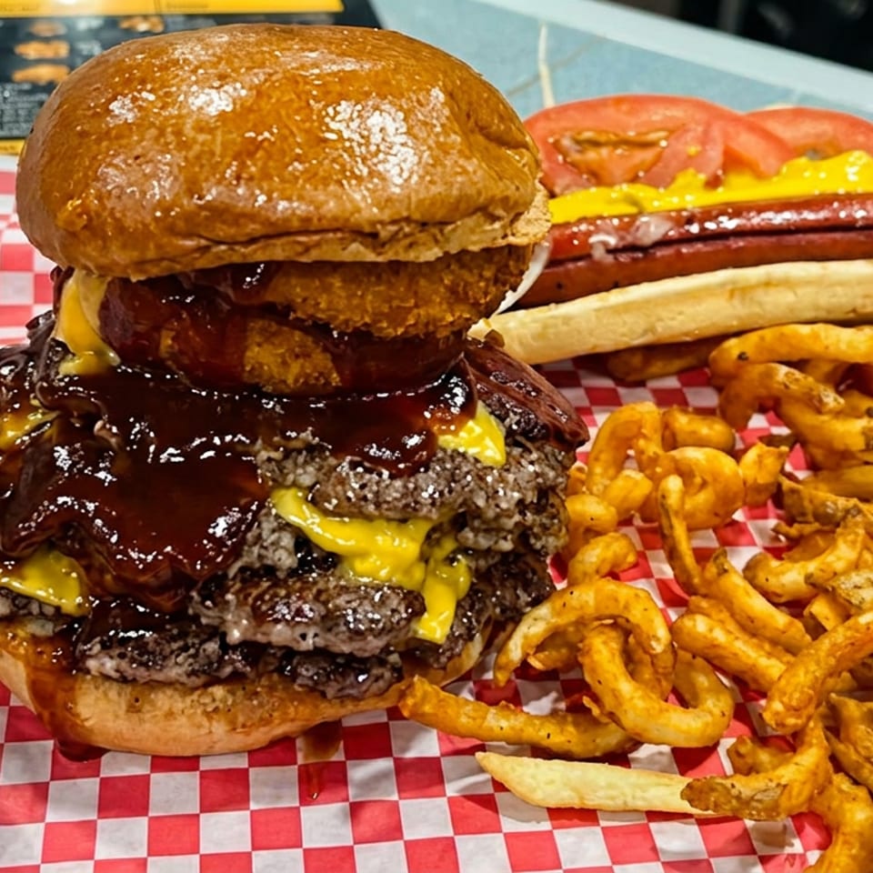Stacked barbecue cheeseburger with multiple patties, a chili-topped hot dog, curly fries, and dipping sauce on checkered paper.