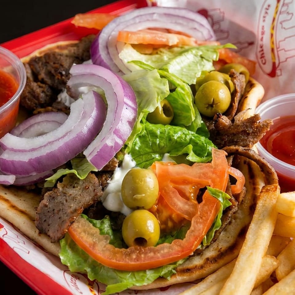 Loaded chicken shawarma pita with lettuce, tomatoes, onions, olives, fries, and cups of red salsa and sauce.