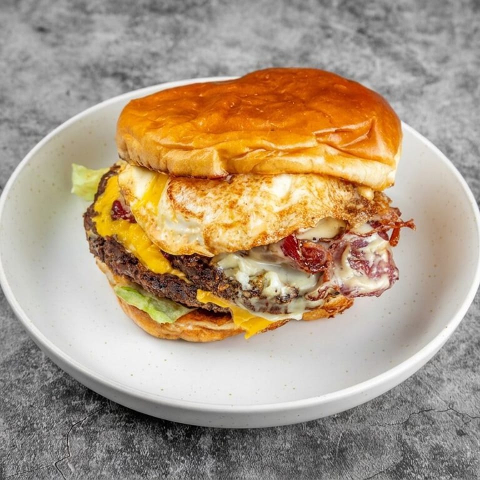 Double cheeseburger topped with a fried egg and bacon on a white plate against a gray stone surface.