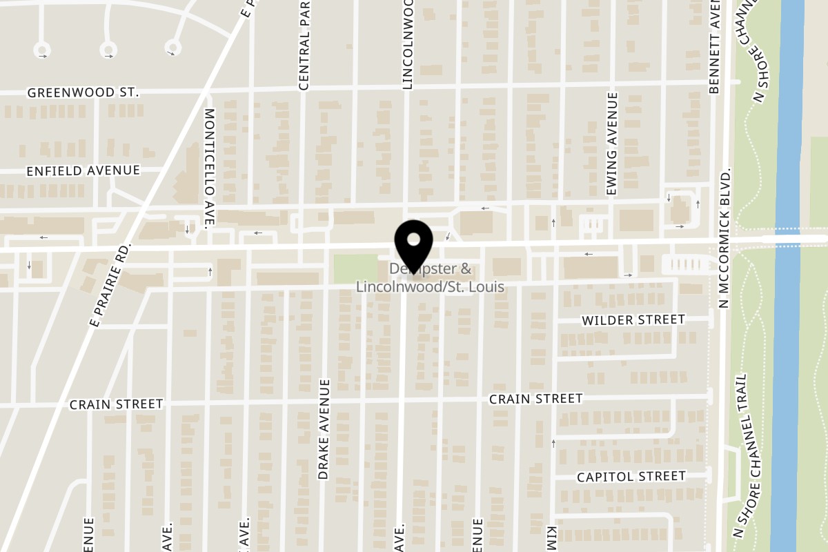 Map showing the location of The Halal Burger Skokie on 3457 Dempster St in Skokie